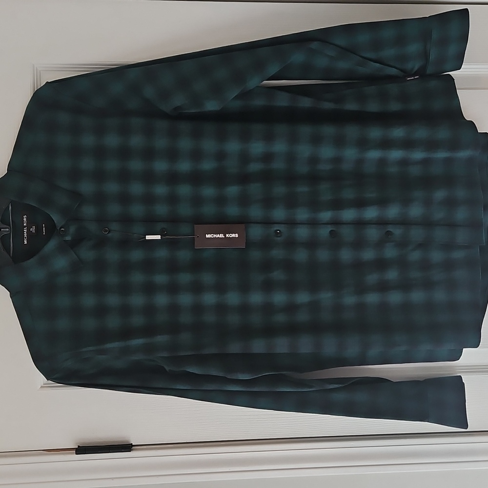 Michael Kors Long Sleeve Button Up Classic Shadow Plaid‎ Shirt: Emerald Green